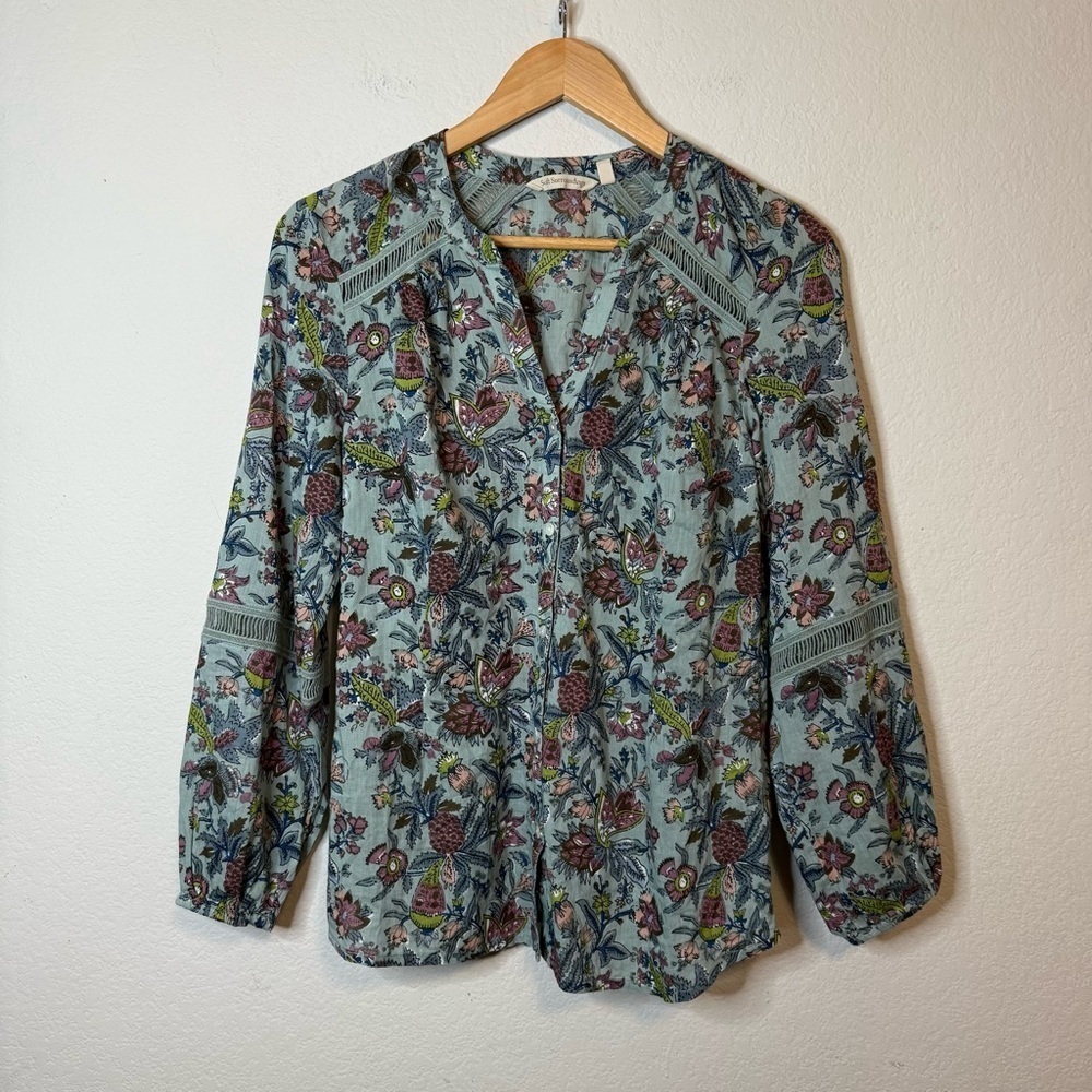 Soft Surroundings Blue Green Floral Light Lattice Sleeve Detail Shirt Blouse XS